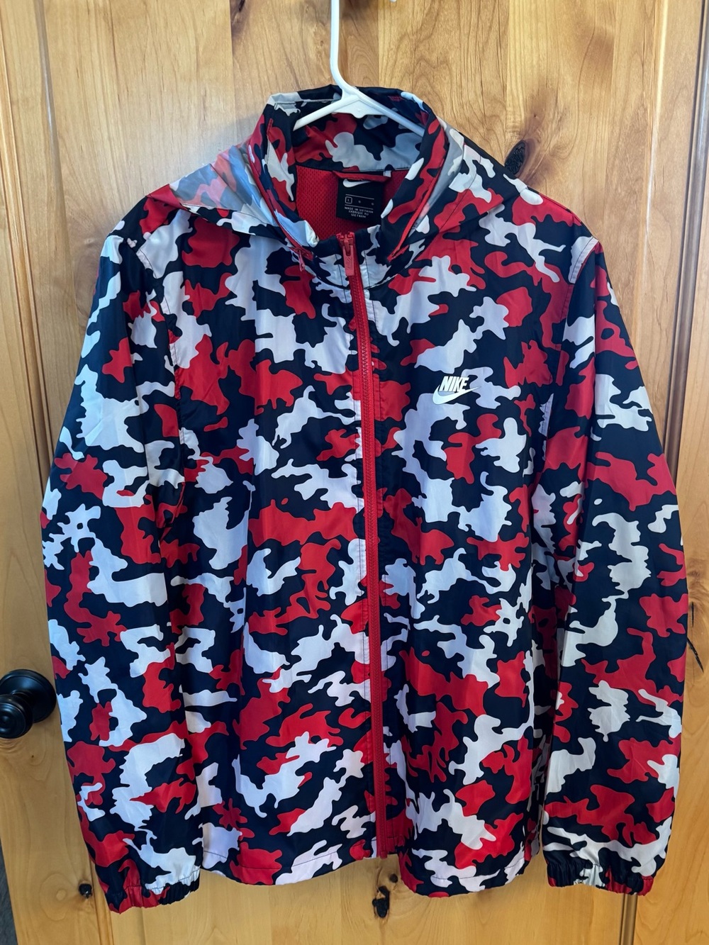 Nike Men’s Red Black White Camo Windbreaker Jacket with hidden hoodie - large